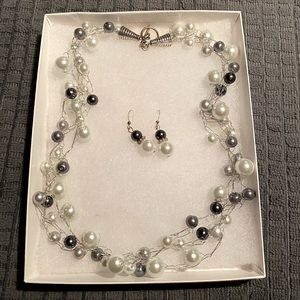 Earring and Necklace set, white, black,grey pearls